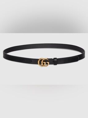 Gucci Black Marmont Thin Leather Belt with Gold Interlocking GG Buckle